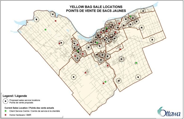 A map of the city of ottawa with some locations highlighted.