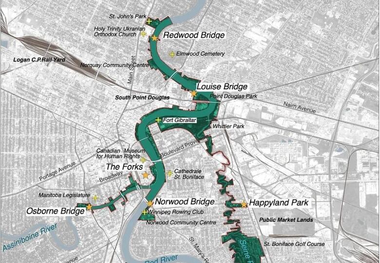 Map shows a river highlighted in green to indicate parkland.