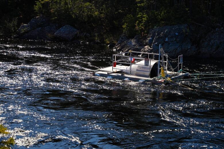 A large funnel and floating aluminum structure sits stationary in running river flow.