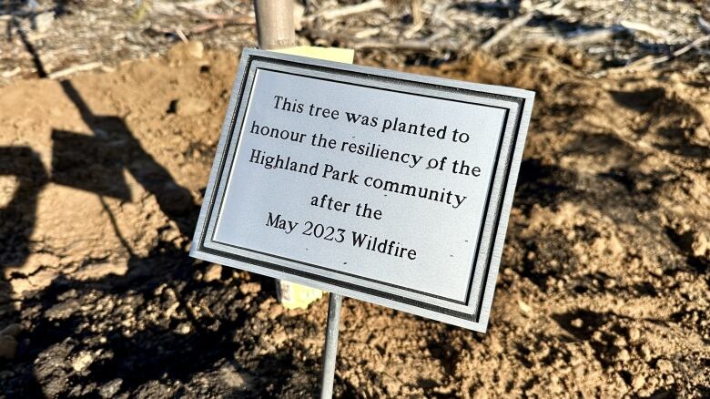 A sign in the ground describes that a tree was planted to honour the resiliency of the Highland Park community.