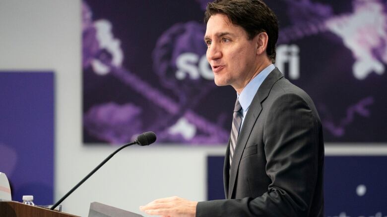 Prime Minister Justin Trudeau delivers remarks during a press conference in the facilities of vaccine producer Sanofi, in Toronto on Thursday, May 30, 2024.