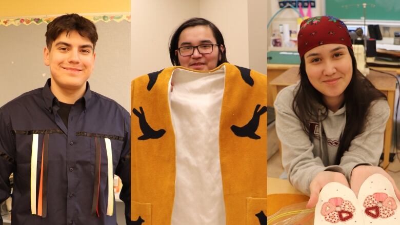 Three photos of young people posing in Indigenous regalia.