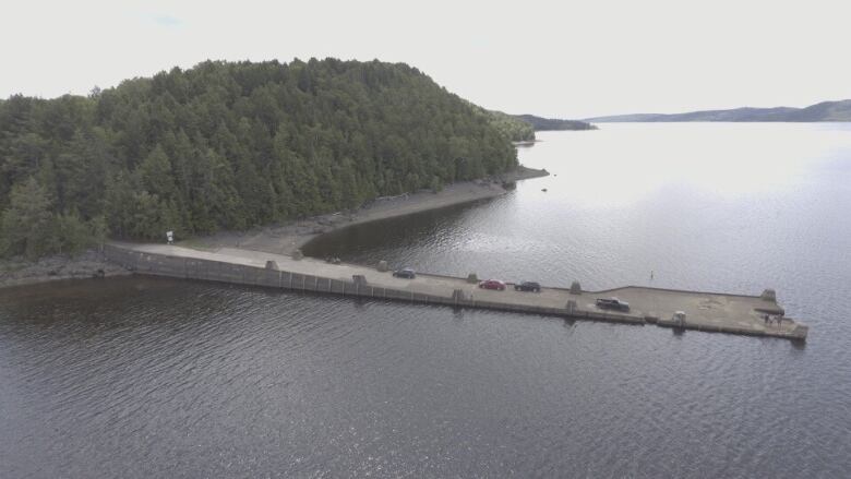 A drone shot of a long wharf