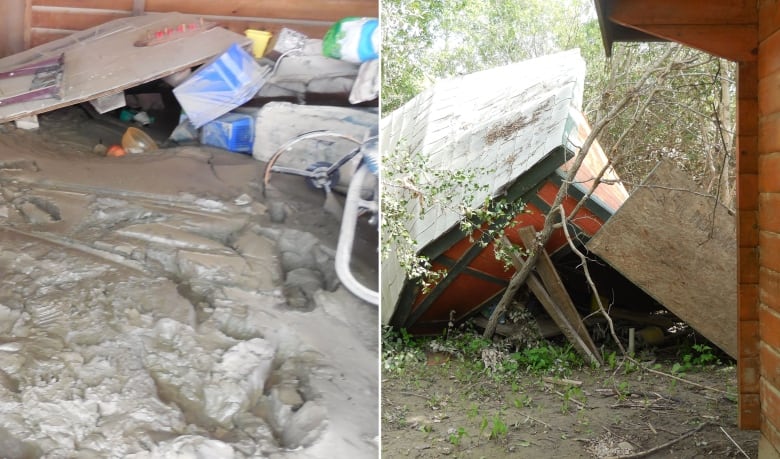 Thick mud covers the floor of a cabin, and in a second photo, a small shed has been knocked on its side.