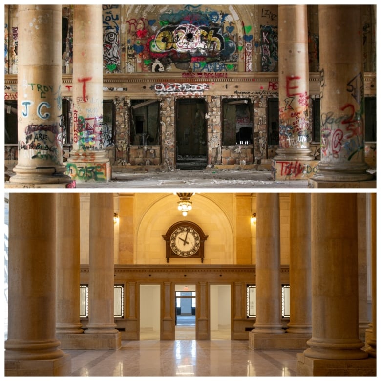 Area of train station covered with graffiti on top and a renovated shot of the area underneath.