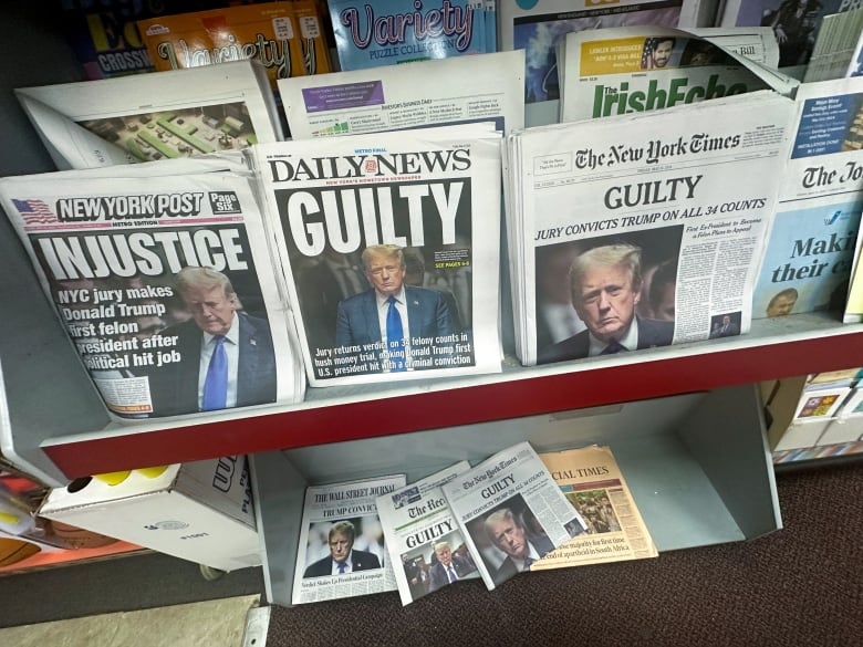 Various New York newspapers on a rack with 'guilty' headlines 