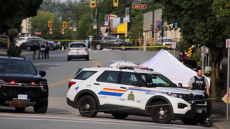 Three RCMP cars and an officer stand in an intersection. 