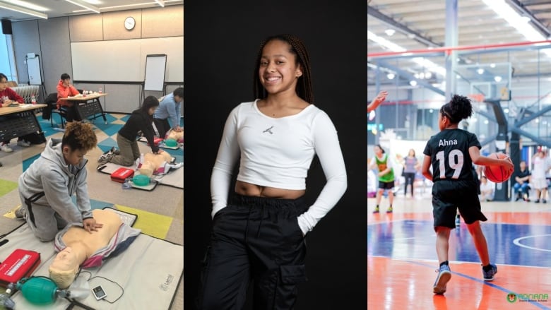 A collage of three images. The image of the right shows people learning CPR. The middle image shows a young girl smiling and posing for a photo. The image on the right shows a young woman wearing a basket uniform with her backed turned.