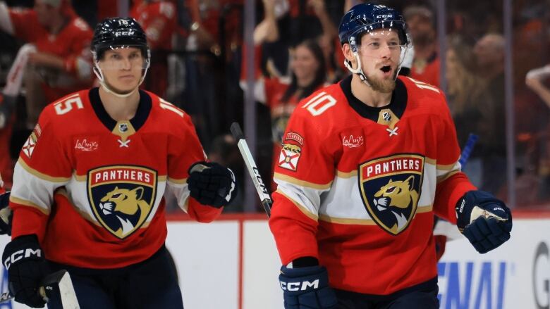 Florida Panthers male hockey player Vladimir Tarasenko #10 of the Florida Panthers celebrates after his goal against the New York Rangers during the third period in Game Six of the Eastern Conference Final of the 2024 Stanley Cup Playoffs at Amerant Bank Arena on June 01, 2024 in Sunrise, Fla. 