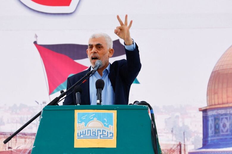 Yehya Al-Sinwar Gaza Strip chief of the Palestinian Islamist Hamas movement, speaks during a rally to mark the annual al-Quds Day (Jerusalem Day), in Gaza, April 14, 2023. 