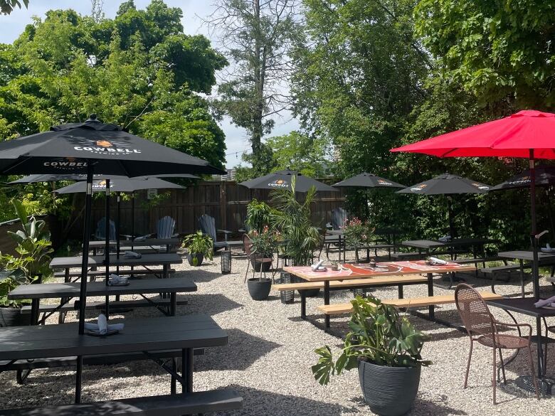 A restaurant patio surrounded by big green trees.