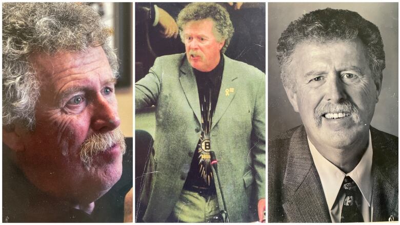 A collage of three photos of an older man with a moustache and curly grey hair.