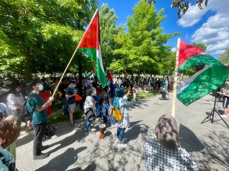 Protesters hold an outdoor rally.