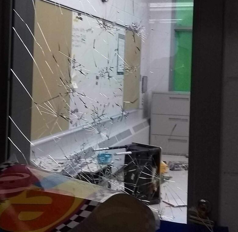 A broken classroom window