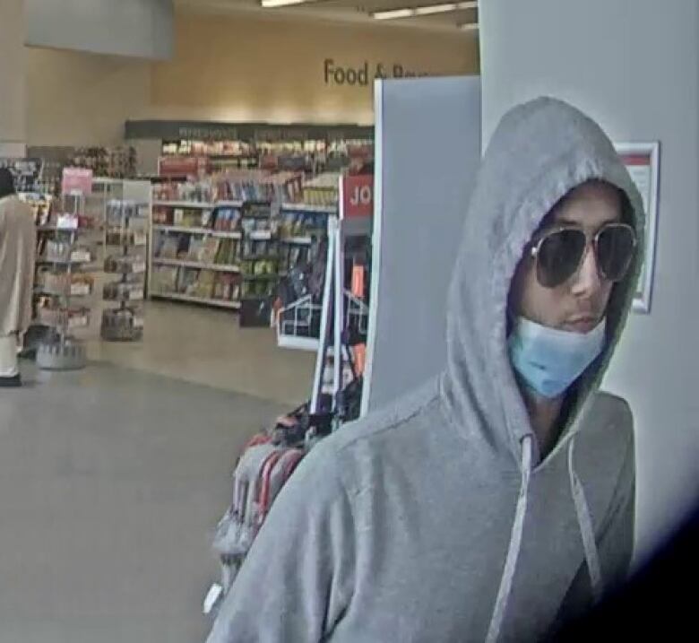 Man in grey hoodie, sunglasses and a blue mask a store.