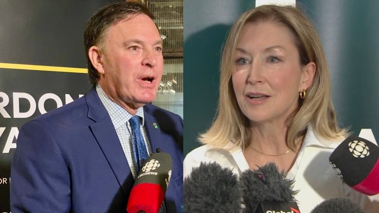 Side by side photos of a woman with blond hair, right, and a man with darker hair being interviewed by media, left.