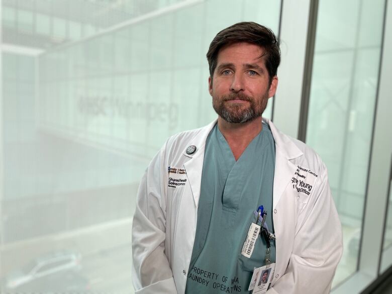 Man with dark hair and a beard stands in green hospital scrubs and a white coat. 