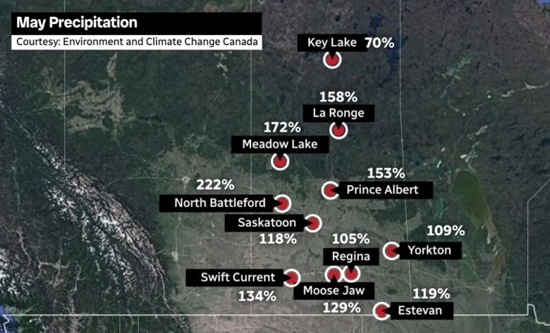 This map shows what percentage of normal moisture each location in Saskatchewan received in May 2024.