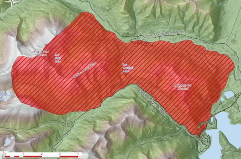 a map with a big red swath showing an mountain area closed