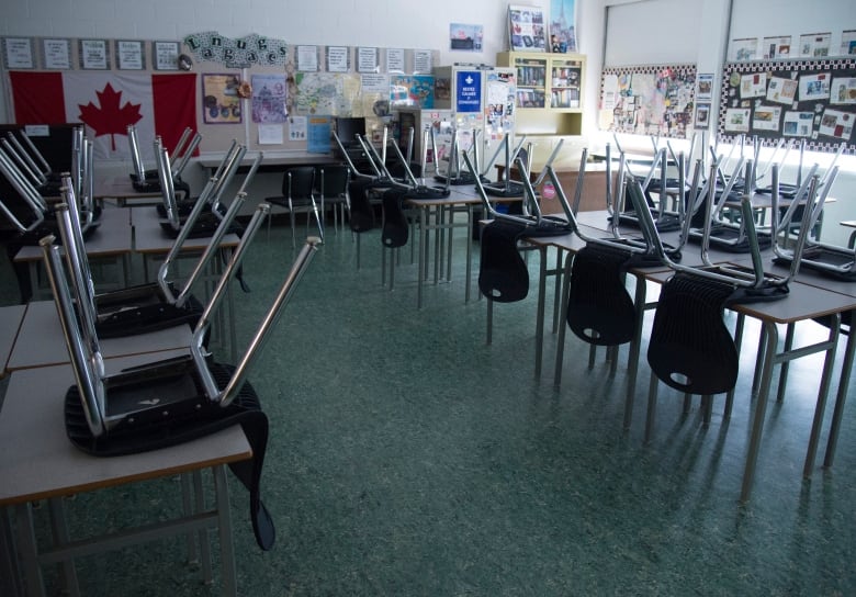 a classroom with chairs flipped over the desks 