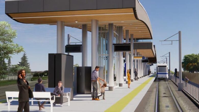 An LRT pulls up in to a outdoor station where people are waiting to get on, in a rendering of the Twin Brooks station along the Capital Line south extension. 