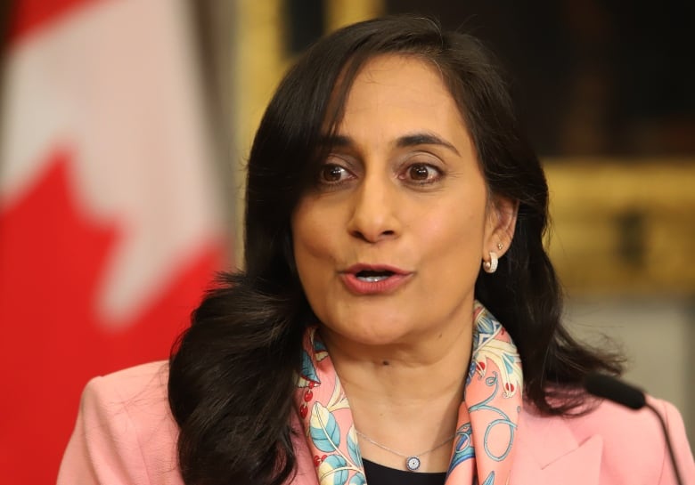 A woman in a pink jacket speaks with a Canadian flag in the background.