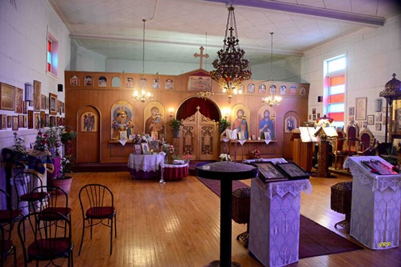 The interior of a small Greek Orthodox church 