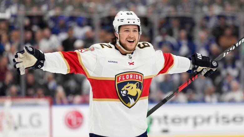 Florida Panthers defenceman Brandon Montour (62) celebrates his goal during third period, second round, game one, NHL Stanley Cup hockey action against the Toronto Maple Leafs, in Toronto, Tuesday, May 2, 2023. 