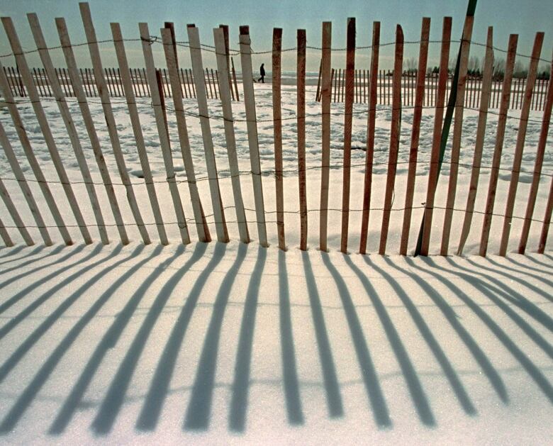 A snowfence casts long shadows in the bright sunshine as a man walks along a beach.