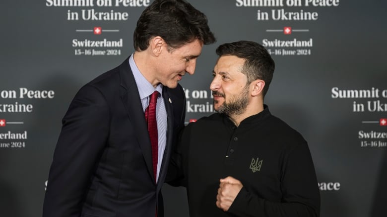 Canada Prime Minister Justin Trudeau, left, talks with Volodymyr Zelenskyy President of Ukraine at the Summit on Peace in Ukraine, in Stansstad, Switzerland, Saturday June 15, 2024. Switzerland is hosting scores of world leaders this weekend to try to map out the first steps toward peace in Ukraine. 