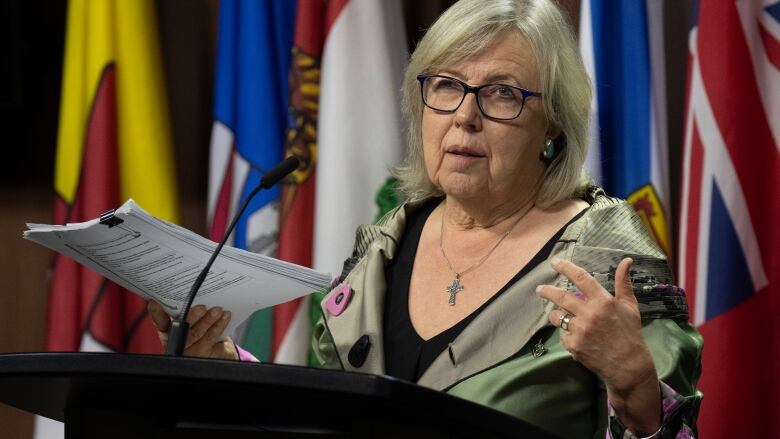 Green Party co-leader Elizabeth May speaks during a news conference on Parliament Hill, Monday, June 17, 2024 in Ottawa.  