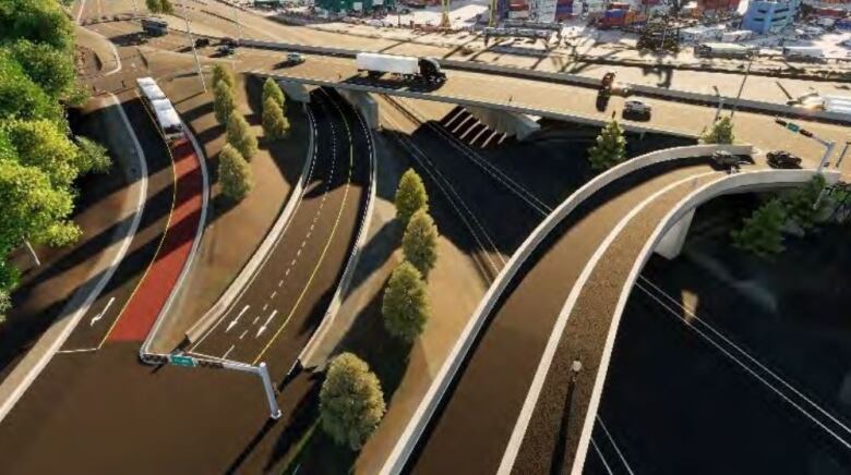 A computer image shows overpasses and ramps with traffic, with the Fairview Cove and containers in the background