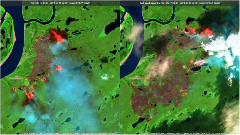 Satellite imagery comparison of a wildfire on two different days