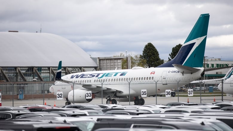 A plane parked at a terminal, with the words WestJet seen along its side.