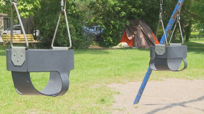 Part of a homeless encampment that's developed at Mimico Coronation Park since the spring. Residents say the camp developed in the park about the same time as their rat problem. 