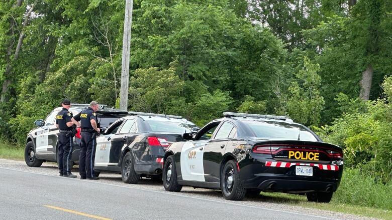 Three police cars on the side of the road