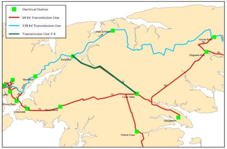 This map shows transmission line T-4, in dark green, which can't currently carry loads from the transmission line marked in blue because they are energized at different voltages. 