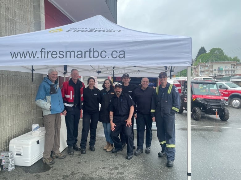 A group of people stand huddled under a canopy that says FireSmartBC