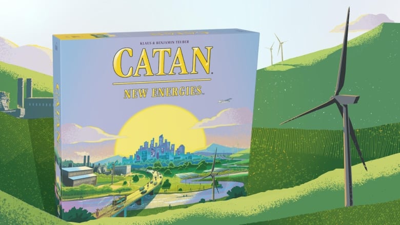 Image of a board game box with a cityscape and a large sun in the background