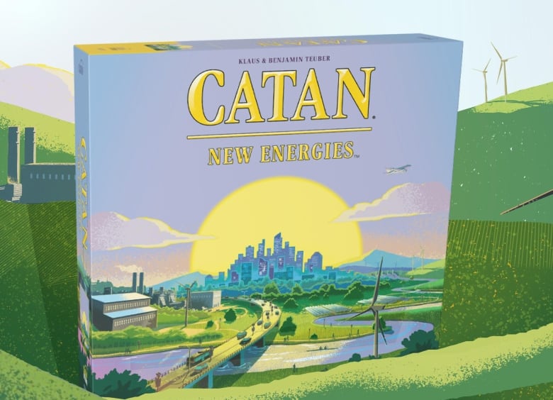 Image of a board game box with a cityscape and a large sun in the background