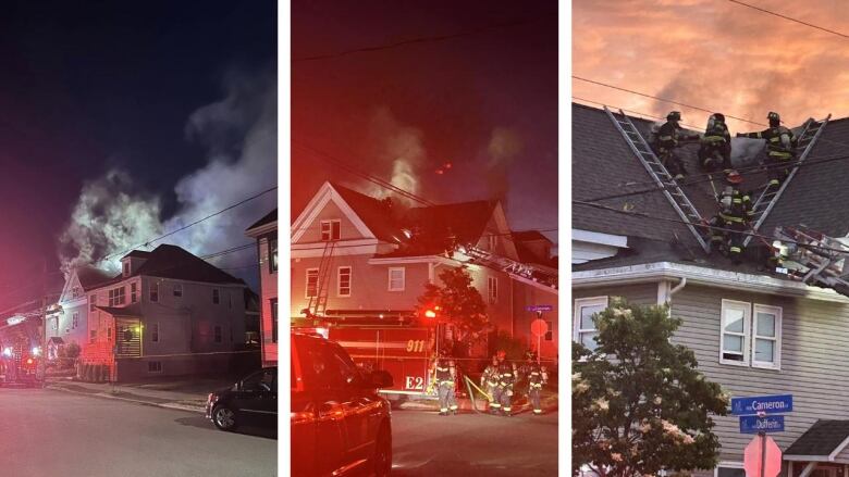 Three photos show smoke billowing from two houses. Red lights from emergency vehicles cast a glow on the buildings