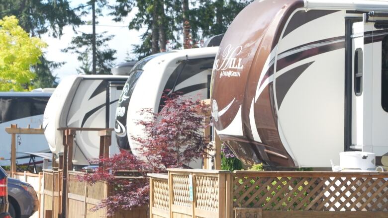 A row of recreational vehicles with fences behind them.