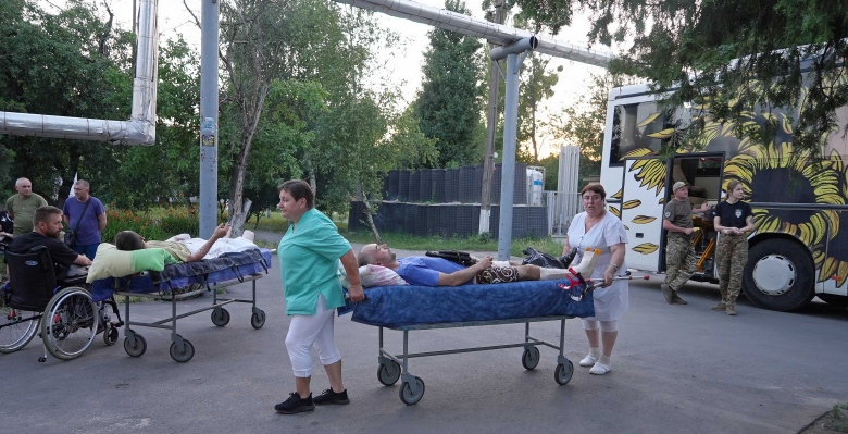 Nurses transport a wounded soldier in Dnipro, Ukraine