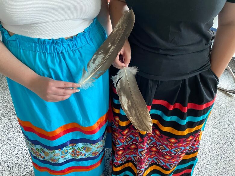 Two ribbon skirts with hands holding eagle feathers. Real tradish.