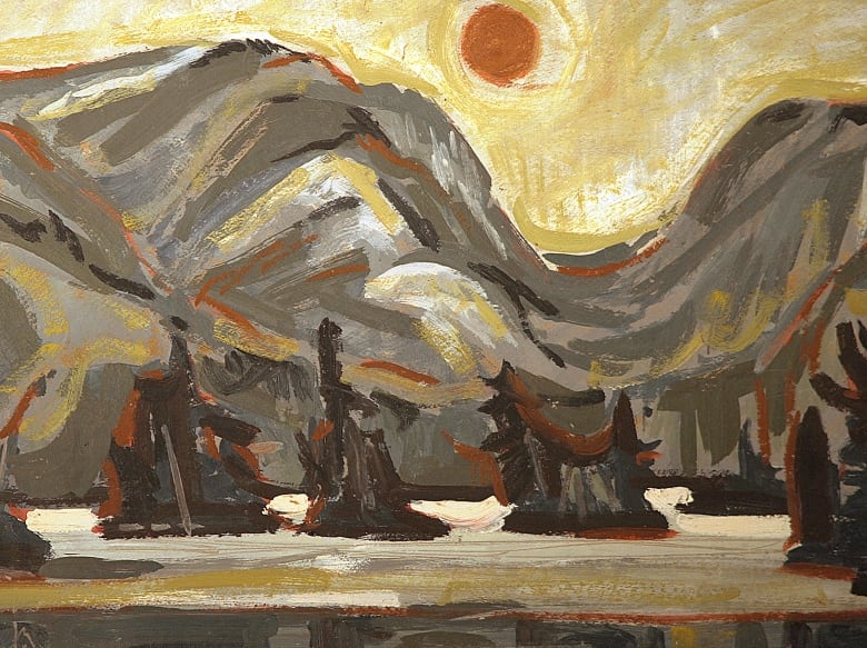 Impressionistic painting of sun rising over mountains.