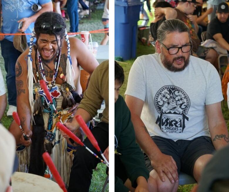 A photo on the left shows a man wearing traditional dress singing and banging a drum. A photo on the right shows a man with brown hair and glasses and wearing a white shirt also banging a drum and singing.