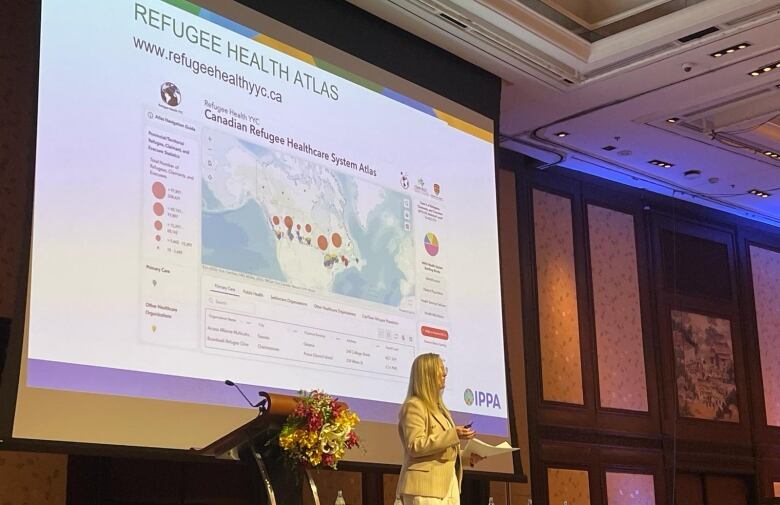 Dr. Annalee Coakley stands in front of a podium, speaking to a crowd. The refugee health atlas can be seen on a screen behind her.