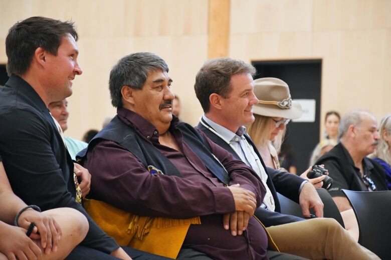 Three men sitting and looking to the right. 