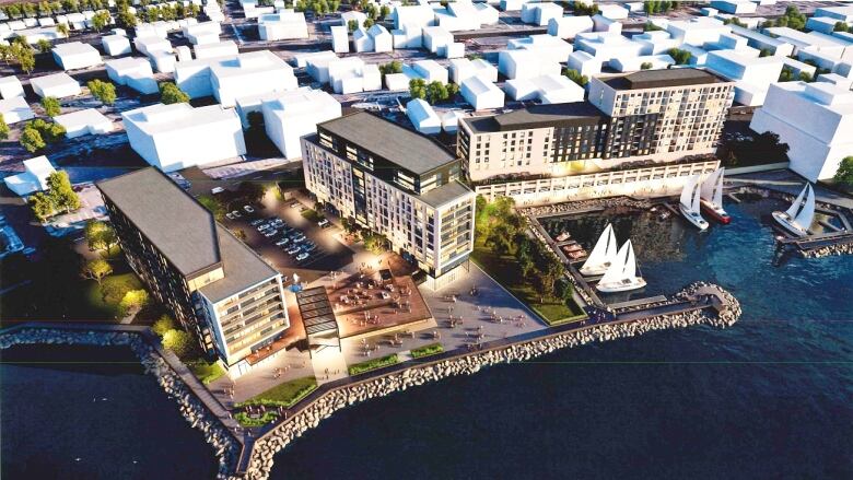 An aerial artist's rendering of three large buildings on a harbour's edge with sailboats inside a marina and a boardwalk along the water.