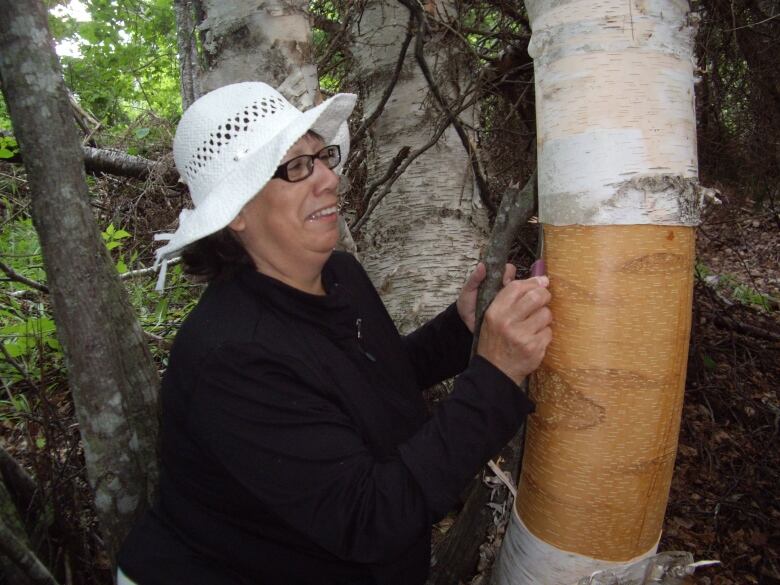 A woman is shown peeling bark from a birch tree.